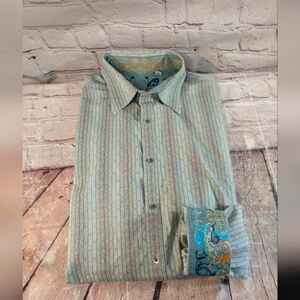 Robert Graham Silk Trim Gold Blue Patterned Metal Button Flip Cuff Shirt XL